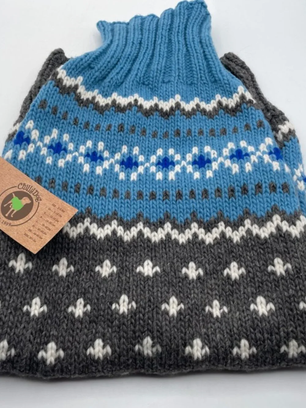 NWT Chilly Dog Light Blue Fair Isle Hand Knit Wool Dog Sweater